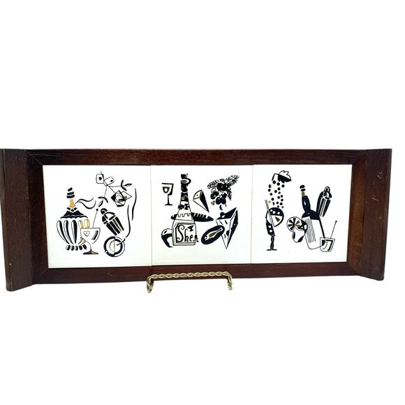 1950s Wood Framed 3 Tile Sansco Japan Serving‎ ,wall decor, Barware Mid Century - Picture 2 of 11